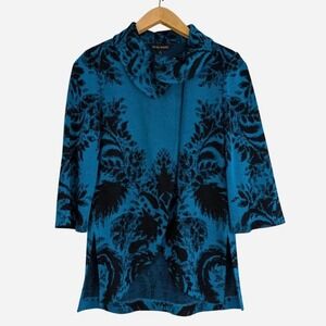 Ming Wang Teal Black Damask Jacquard Open Front Knit Cardigan Small